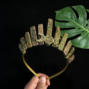 Serre-tête couronne cristal naturel 11 piliers et lune triple dorée pour accessoire photo femme