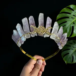 Serre-tête couronne en cristal avec pierres naturelles et lune triple or pour photo femme