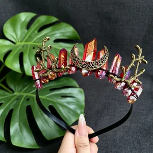 Handmade crystal crown headband with crescent moon and branch design for women fashion party