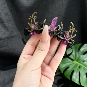Gothic crystal headband with purple quartz and crescent moon for women party and photo shoot