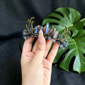 Natural blue crystal moon branch crown headband for women elegant fairy photo props hair accessory