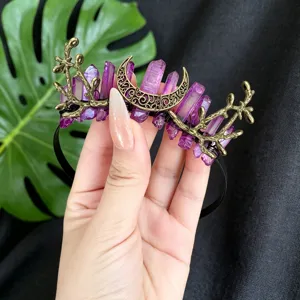 Detailed close-up view of elegant purple crystal crescent moon branch crown headband for women.