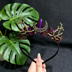 Gothic crystal crown headband with purple quartz and moon branch design for women parties.
