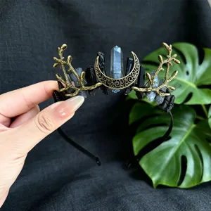 Gothic crystal tiara headband with crescent moon and branch design for women hair accessories