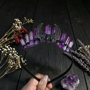 Serre-tête en cristal naturel couronne de lune gothique accessoires de cheveux améthyste