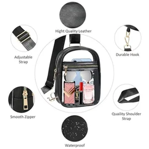 Clear PVC sling bag waterproof crossbody chest bag with adjustable strap and smooth zipper.