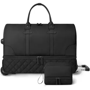 Vue détaillée du sac de voyage à roulettes noir avec roues, poignée télescopique et trousse assortie.