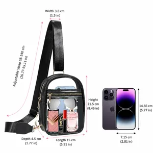 Clear PVC crossbody bag with adjustable strap, mini waterproof sling chest bag for travel.