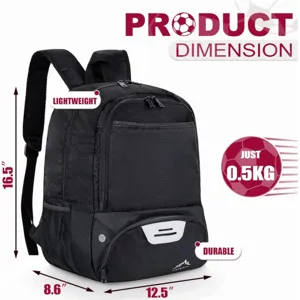 Black sports backpack with lightweight and durable design, dimensions 16.5x12.5x8.6 inches.