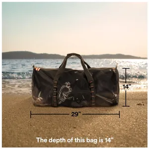Große Netztasche Detail zeigt Tauchausrüstung Kapazität, Maße 29x14 Zoll für den Strand.