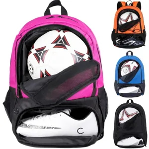 Sports backpack with separate shoe compartment and ball holder, multi-color available.