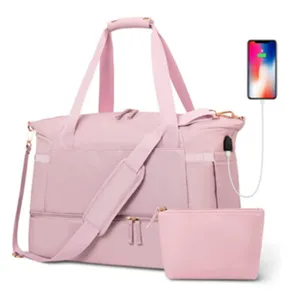 Pink travel duffel bag gym bag with USB charging port and pouch for women fitness.