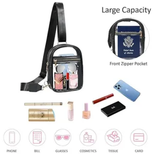 Clear PVC crossbody sling bag for women and men, transparent chest daypack for travel outdoor.