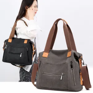Stylish casual canvas shoulder bag for women, large capacity tote bag with multiple zip pockets.