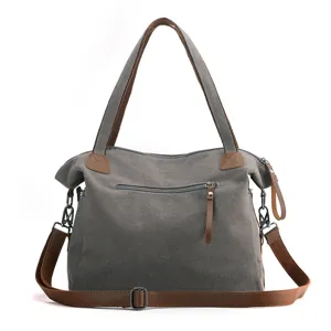 Vintage canvas shoulder bag for women, large capacity casual crossbody tote travel bag grey color