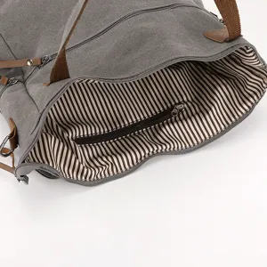 Gray canvas tote bag with brown straps, large capacity shoulder bag with striped lining.