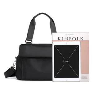 Black oxford cloth casual women shoulder bag with multi layers and large capacity design.