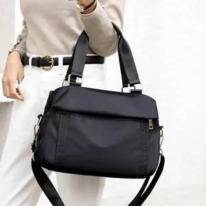 Black nylon casual women handbag, large capacity multi-layer tote and crossbody shoulder bag.