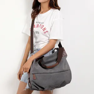 Women canvas shoulder bag casual large capacity crossbody tote bag with brown leather straps
