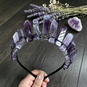Natural crystal crown headband purple amethyst crescent moon gothic festival hair hoop