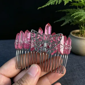 Peigne à cheveux en cristal rose naturel fait main avec décor papillon en alliage pour dames.