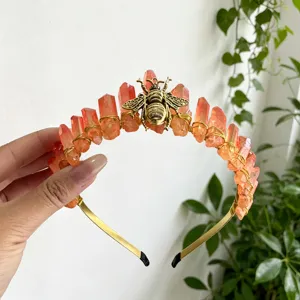 Handcrafted raw crystal tiara headband with golden wire and bee accent for festival wear