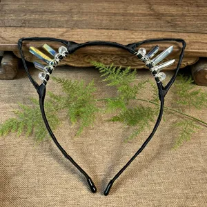 Handmade black cat ears headband with raw crystal quartz and beads wire-wrapped design.