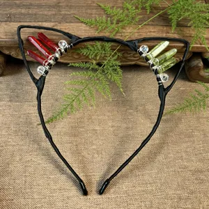 Handmade crystal cat ear headband with red green quartz stones wire wrapped hair hoop for women.