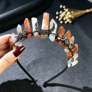Diadema de corona de cristal natural con alambre negro y luna para fiesta y festival.