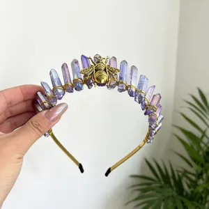Natural crystal crown headband with gold wire and bee design for festival party women fashion hair