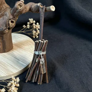 Miniature witch broom decoration with crystal pendant, perfect for Halloween and daily home decor.