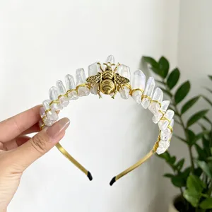 Crystal Crown Headband Gold Wire Wrapped Quartz Tiara Bee Vintage Hair Accessories