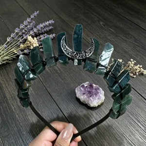 Raw green crystal crown headband with silver moon, ideal for festival cosplay and parties.