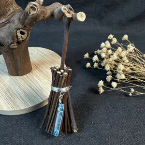 Mini witch broom decor with blue crystal pendant handcrafted rustic style twig ornament.