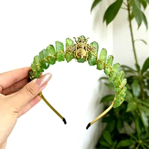 Green crystal crown headband detail, handmade gemstone hair hoop with golden bee ornament for women.