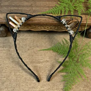 Handmade crystal cat ear headband, wire-wrapped quartz stone hair hoop for daily wear.