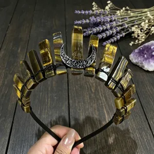 Natural tiger eye crystal tiara headband with moon charm, vintage festival hair accessory.