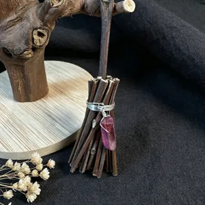 Mini crystal witch broom handmade twig ornament halloween home decor natural stone hanging pendant