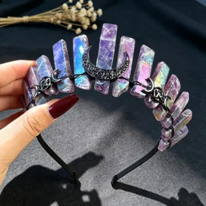 Diadema de corona de cristal natural con alambre negro y luna para fiestas y festivales.