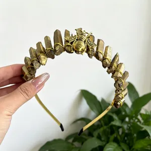 Crystal crown headband with gold wire and bee, perfect for festival photography and party wear.