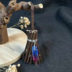 Handmade witch broom ornament with colorful crystal pendant for Halloween and daily home decor