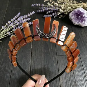 Natural crystal crown headband with black wire and moon charm, perfect for festival and party.