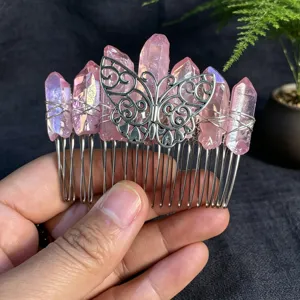 Peigne à cheveux en cristal rose brut fait main avec papillon en alliage argenté accessoires