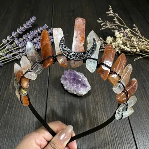 Natural raw crystal crown headband with black crescent moon gothic mystic gemstone hair hoop
