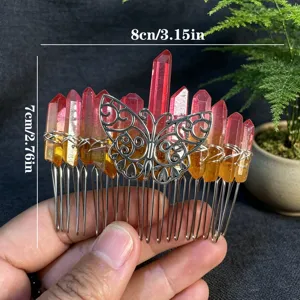 Peigne à cheveux en cristal naturel fait main avec papillon en alliage accessoire femme