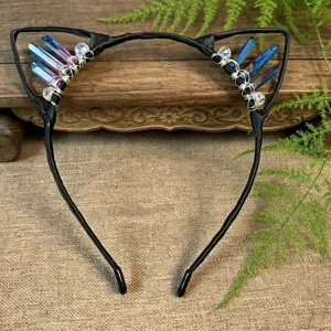 Handmade crystal cat ear headband with wire-wrapped aura quartz for women party hair.