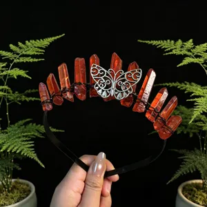 Natural red crystal quartz tiara crown headband with silver butterfly for women photography props