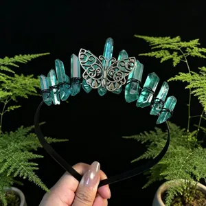 Handmade crystal tiara headband with butterfly design blue quartz gothic hair accessories for women