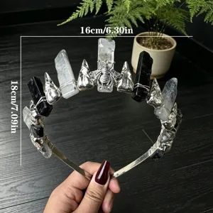 Natural crystal crown headpiece featuring black and white quartz and bee decor for women.