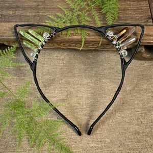 Handmade crystal cat ear headband with wire wrapped green and brown quartz stones for women.